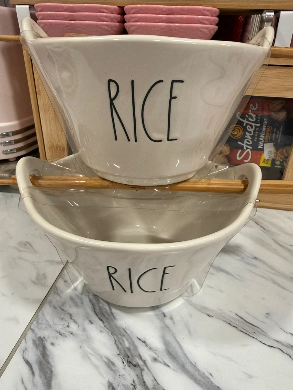 White Ceramic Rice Ramen Bowl with Script Label set of 2